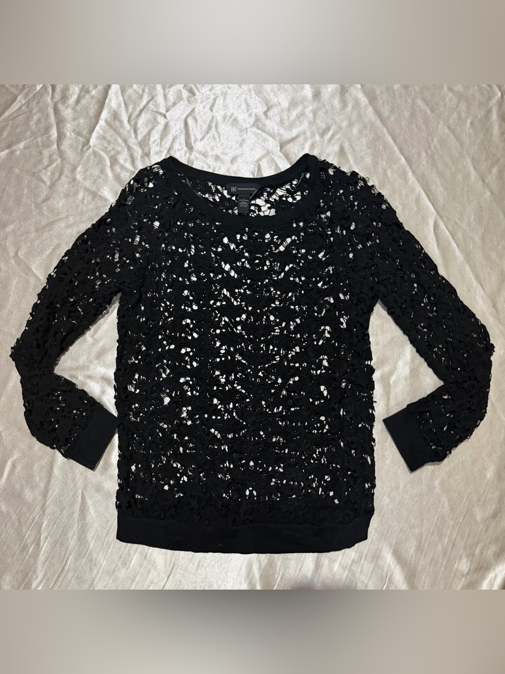 INC International Concepts Black Lace Open Knit Crewneck Sweater Sheer Top Sz.L